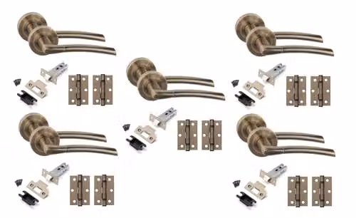 Golden Grace Indiana Door Handles with Latch in Antique Brass, 5 Sets