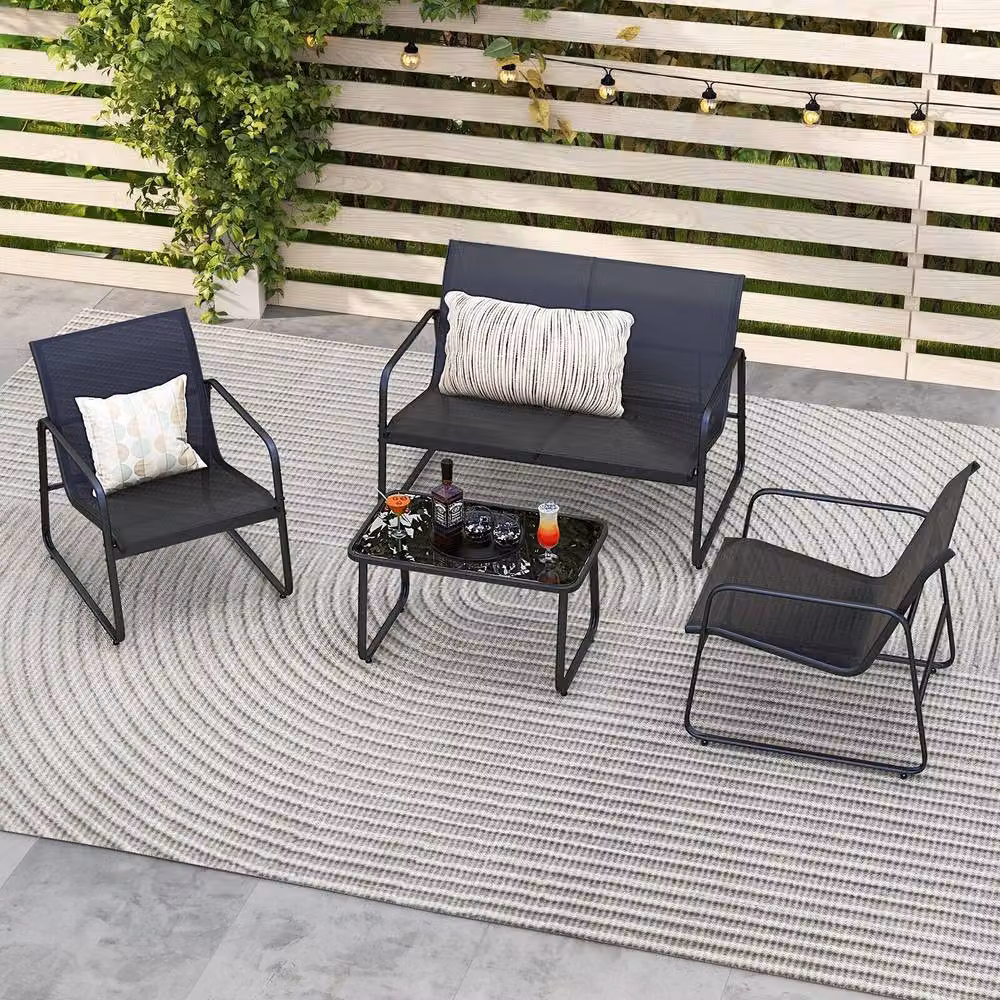 Gymax 4 Piece Outdoor Conversation Set with Upholstered Armchairs and Coffee Table in Black – 4