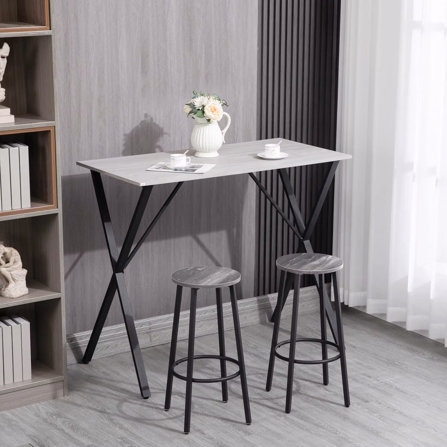 HOMCOM Modern Rectangular Bar Table with Marble Effect Top and Steel X-Frame Legs in White, W/D/H: 120 x 60 x 102 cm – 2
