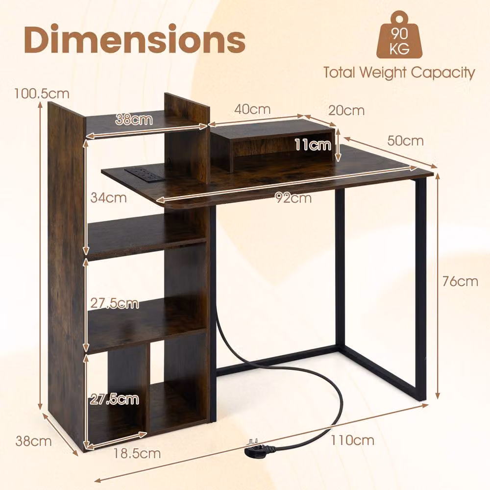Costway Brown Computer Study Desk with Monitor Stand and Charging Station, Width: 110 cm – 2
