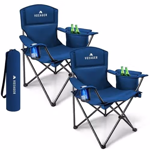 Voyager 2 Pack Folding Camping Chairs with Cooler Bag in Blue – 1