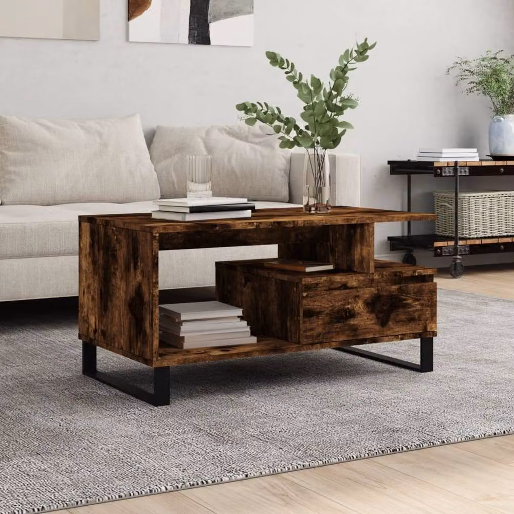 Berkfield Home Modern Rectangular Coffee Table in Smoked Oak Brown, W/D/H: 90 x 49 x 45 cm – 2