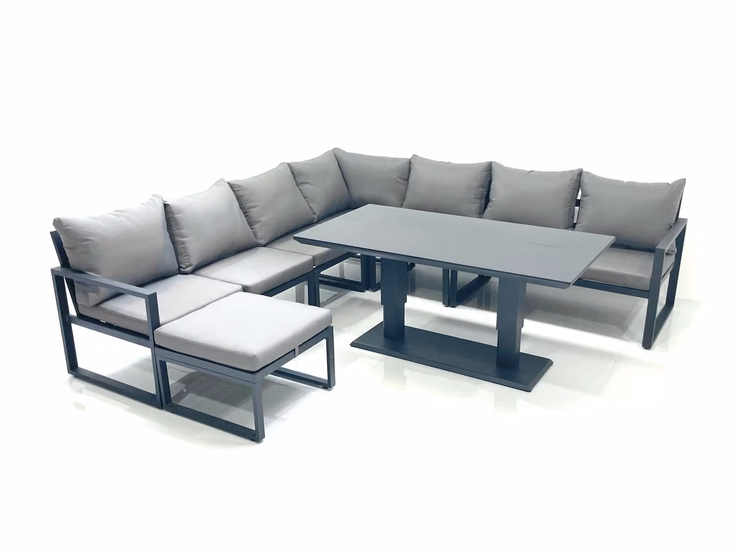 Fimous 8 Seater Outdoor Garden Furniture Set with Corner Sofa, Large Footstool and Height Adjustable Dining Table in Dark Grey – 2