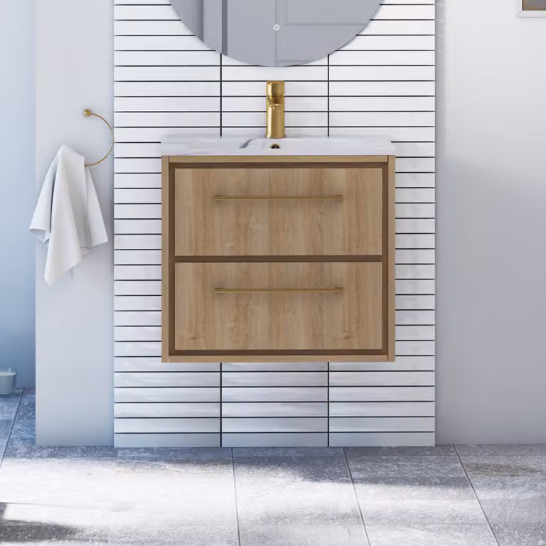 Livora Natural Oak Wall Hung Vanity Unit with Carrara White Basin and Brushed Brass Handle