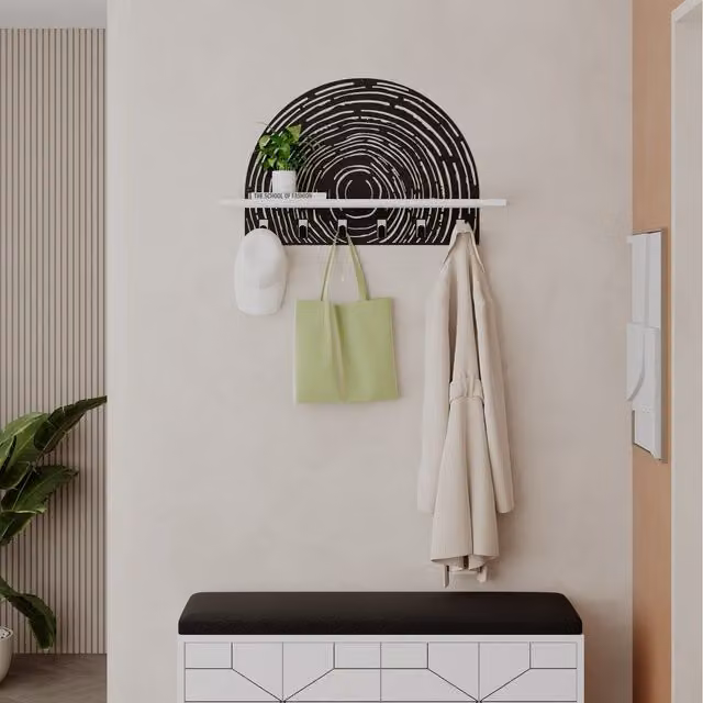 Decortie Modern White Pine Hanger with Shelf and Metal Hooks