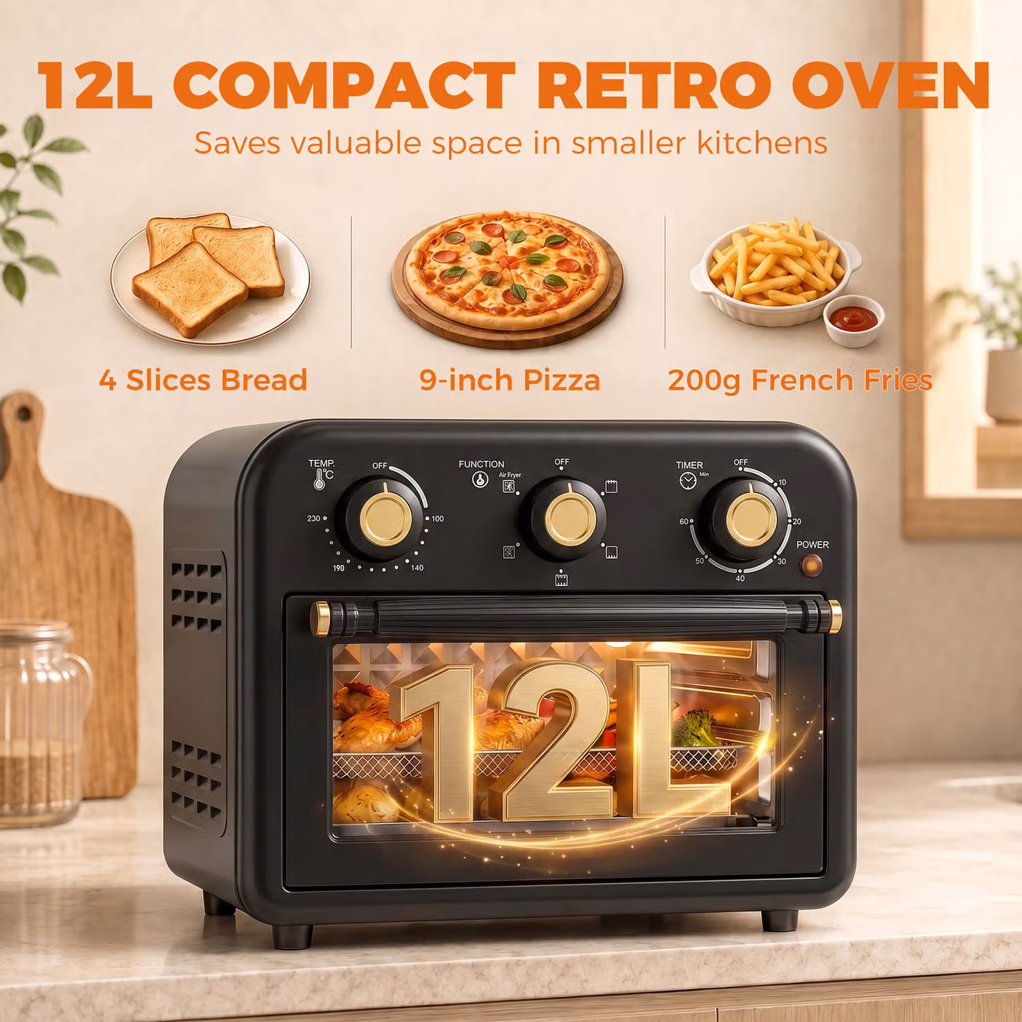 HOMCOM Black Air Fryer Toaster Oven with Convection Hot Air Function, 12 L Capacity, Adjustable Temperature and Timer – 4