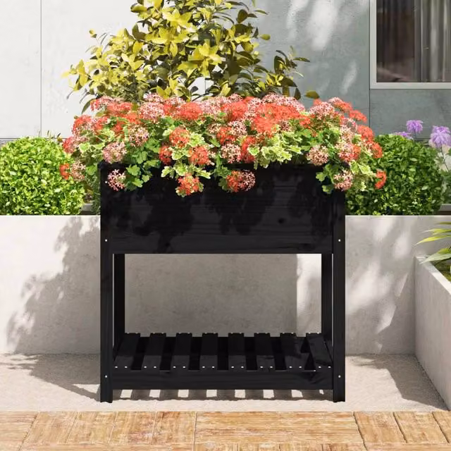 Berkfield Home Black Solid Wood Pine Planter with Shelf W/D/H: 82.5 x 82.5 x 81 cm – 1