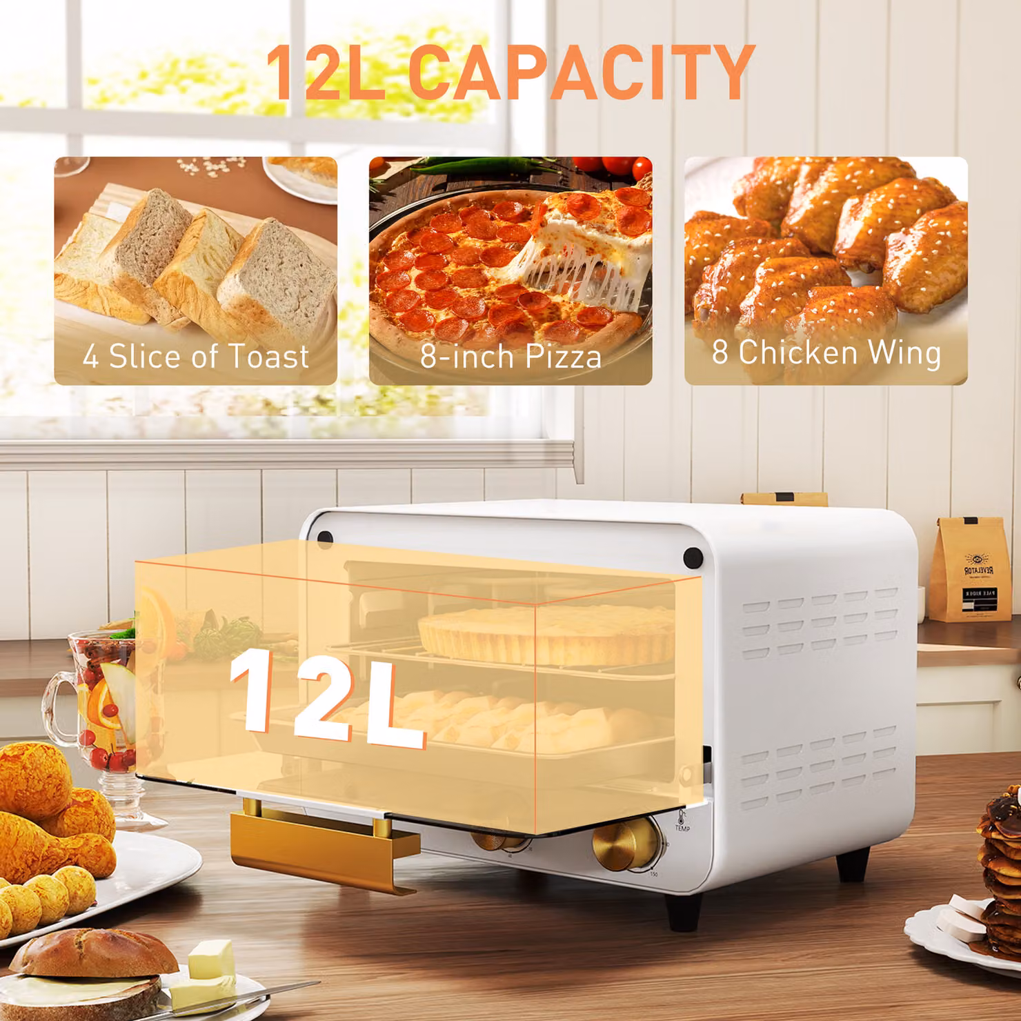 HOMCOM 12L Multifunction Mini Countertop Toaster Oven with Grill, Timer and Glass Door, 750W, White – 3