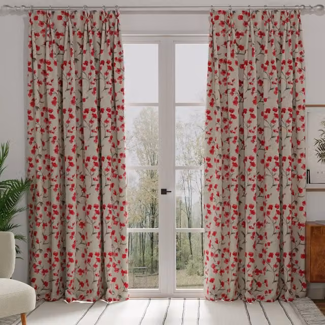 Terrys Como Made to Measure Blackout Cotton Fabric Panel Curtains with Eyelets in Red and Black Floral Design
