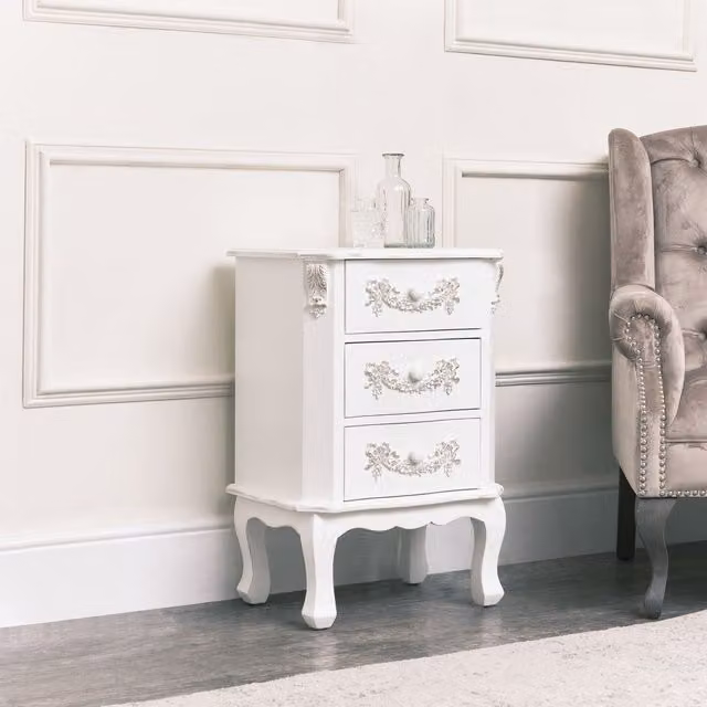 Melody Maison Pays Blanc Range 3 Drawer Bedside Table in Antique White and Gold