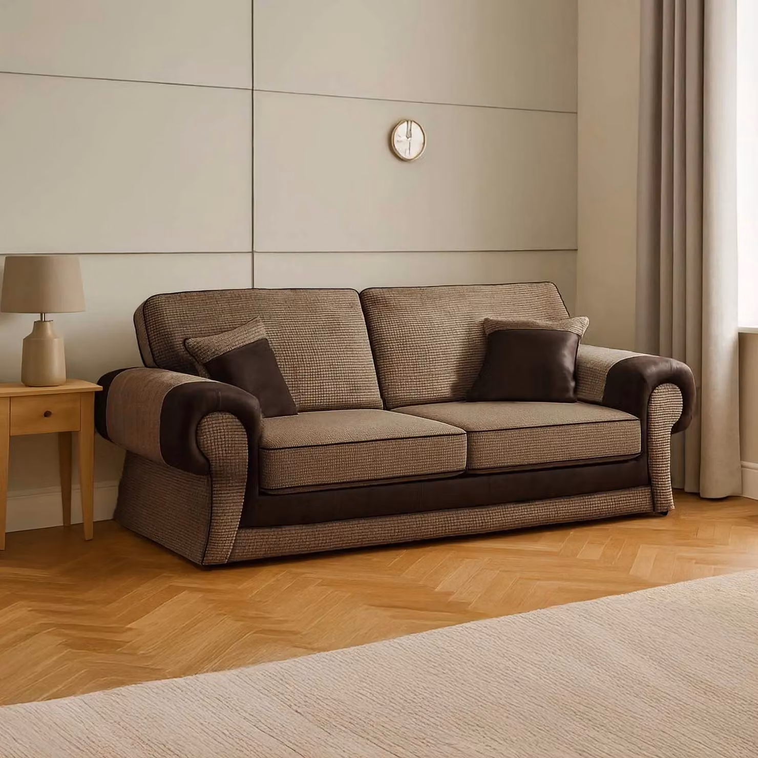 Furnishings For Less UK Portland Chesterfield Fabric Sofa Suite with Rolled Arms, 3 Seater and 2 Seater, Brown – 2