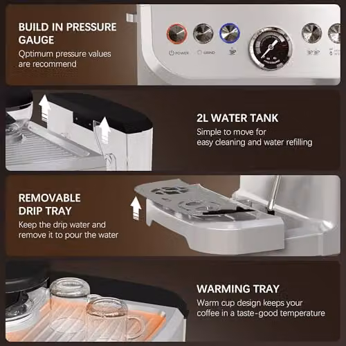 HOMCOM Silver Espresso Machine with Bean Grinder, Steam Wand, Hot Water Function and Cup Warmer – 6