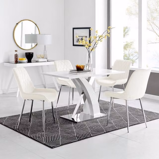 FurnitureboxUK Atlanta 4 White Dining Table and 4 Pesaro Silver Leg Chairs in Cream