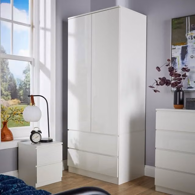Home Source Modern Glossy White 2 Door 2 Drawer Wardrobe with Hanging Rod, H 180 x W 75 x D 50 cm