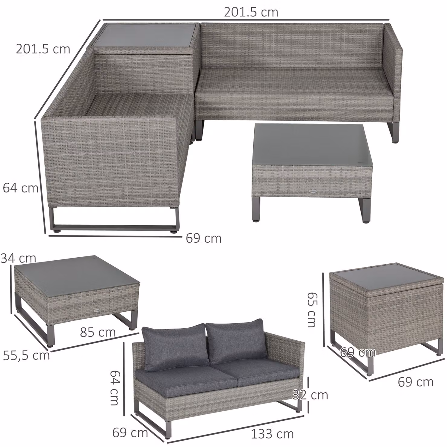 Outsunny 4-Seater L-Shape Rattan Garden Furniture Set with Coffee Table and Matching Ottoman in Grey – 3