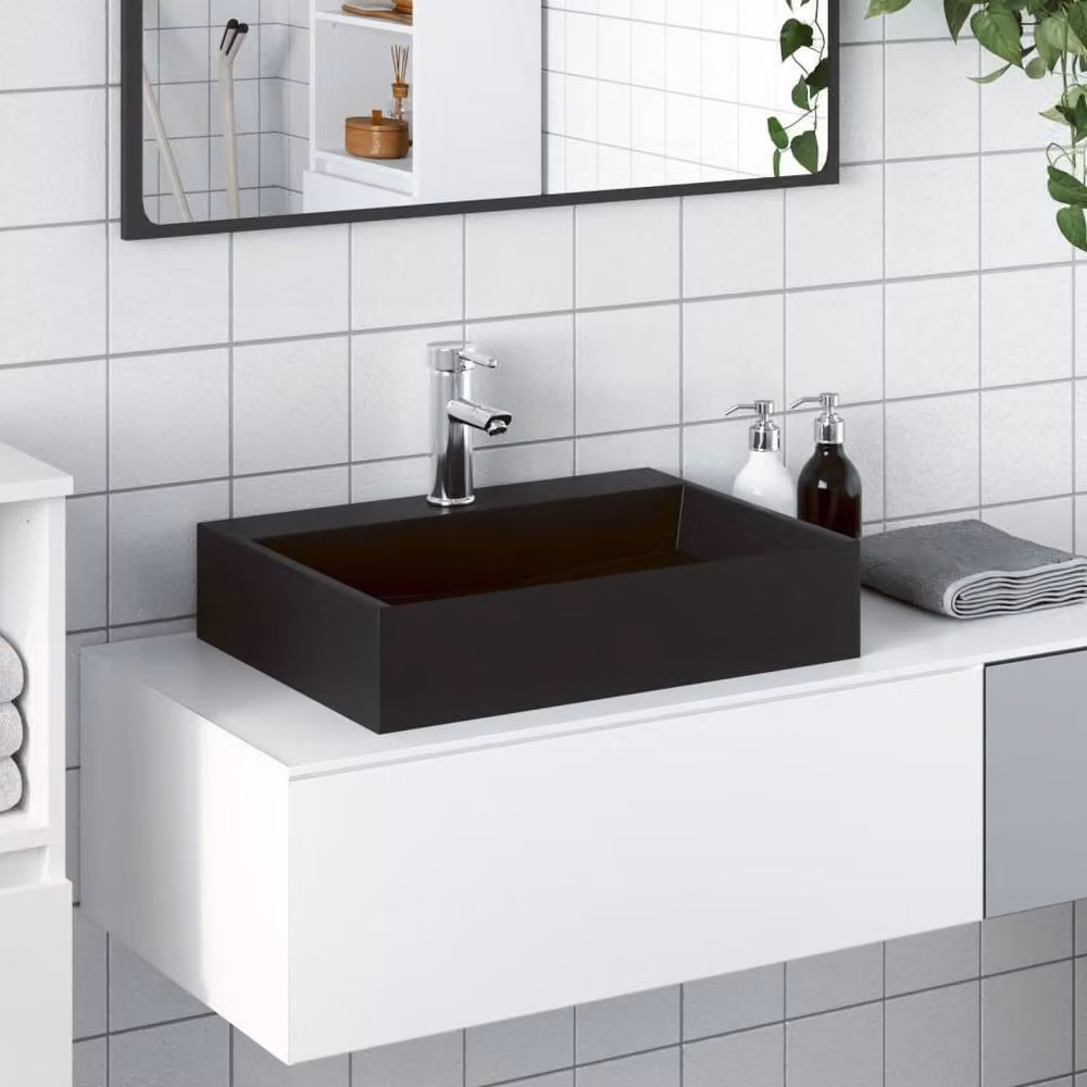 Berkfield Home Sturdy Rectangular Wash Basin in Matt Black Mineral Cast, W/D/H: 50 x 38 x 11 cm – 2