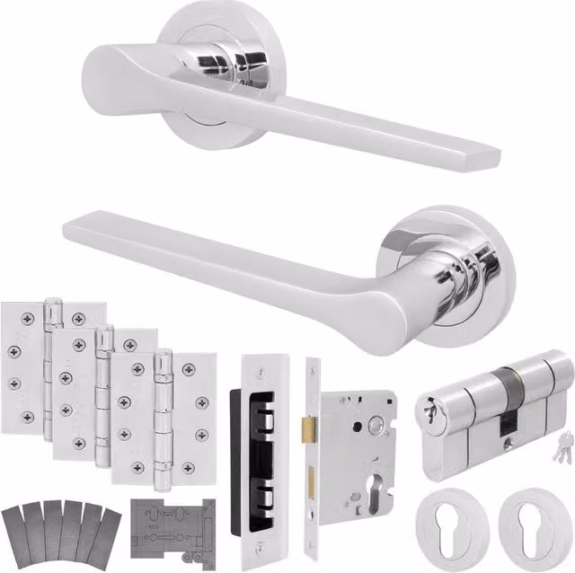 AFIT Chrome Fire Door Handle Euro Lock Double Cylinder Set with Hinges in Silver, 150 x 150 mm