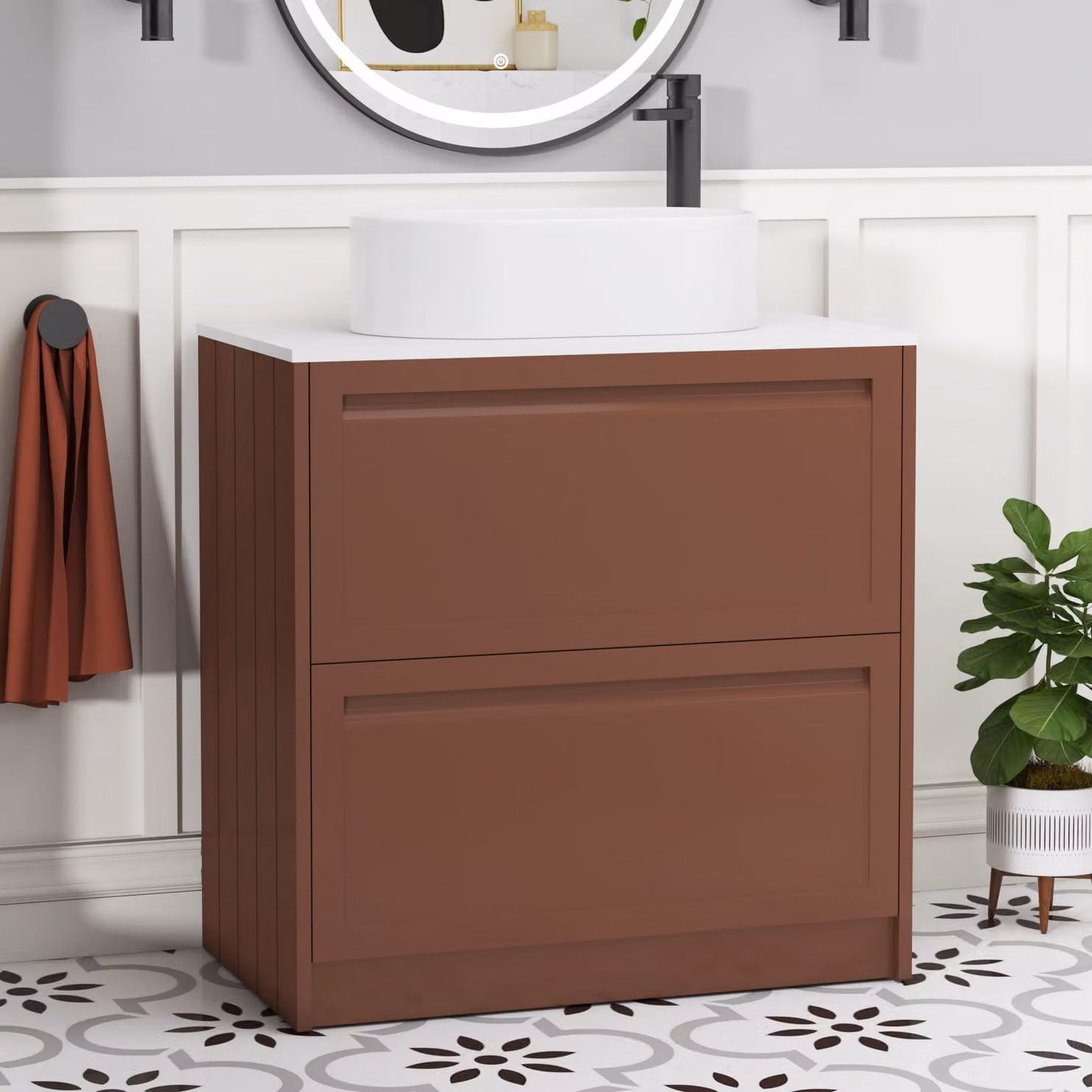 Royal Bathrooms Elmore 800mm Floor Standing Vanity Unit in Terracotta Clay with White Worktop and Peak Basin