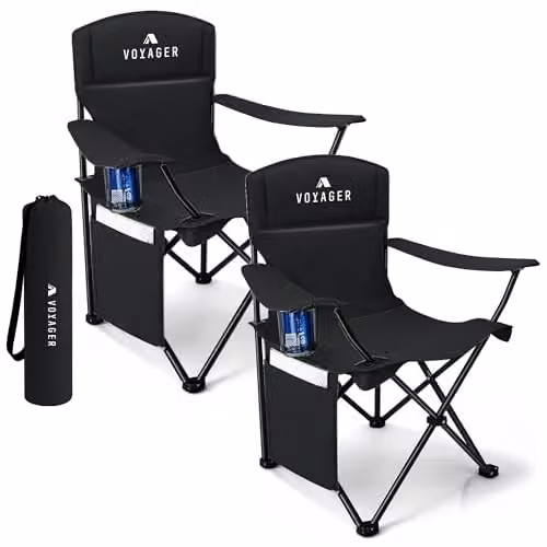Voyager 2-Pack Lightweight Folding Camping Chairs with Cup Holders and Pockets, Black