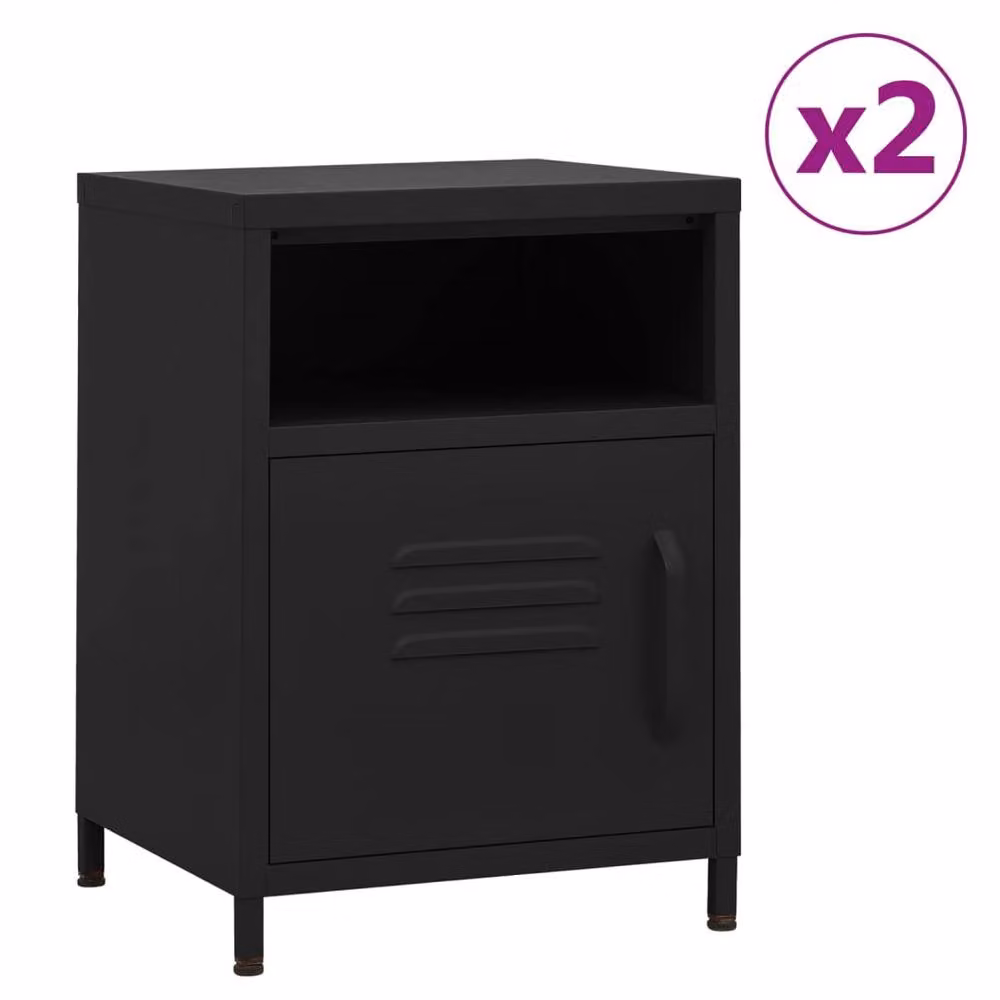 Berkfield Home Set of 2 Modern Black Matt Steel Nightstands with Media Compartments and Integrated Lighting, W/D/H: 35 x 35 x 51 cm – 2