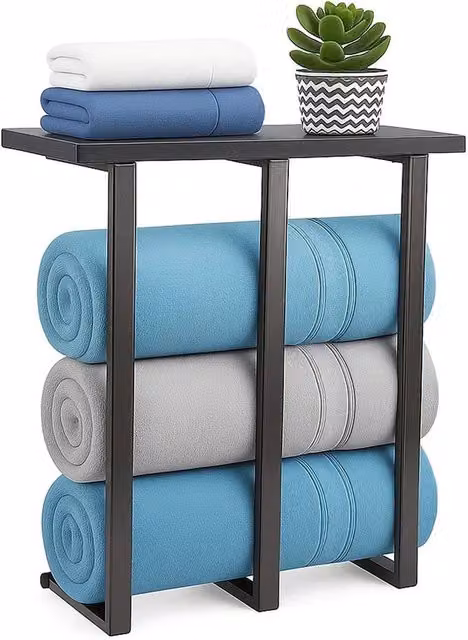 Nordara Black 3-Bar Wall Mounted Towel Rack with Shelf in Metal and Wood