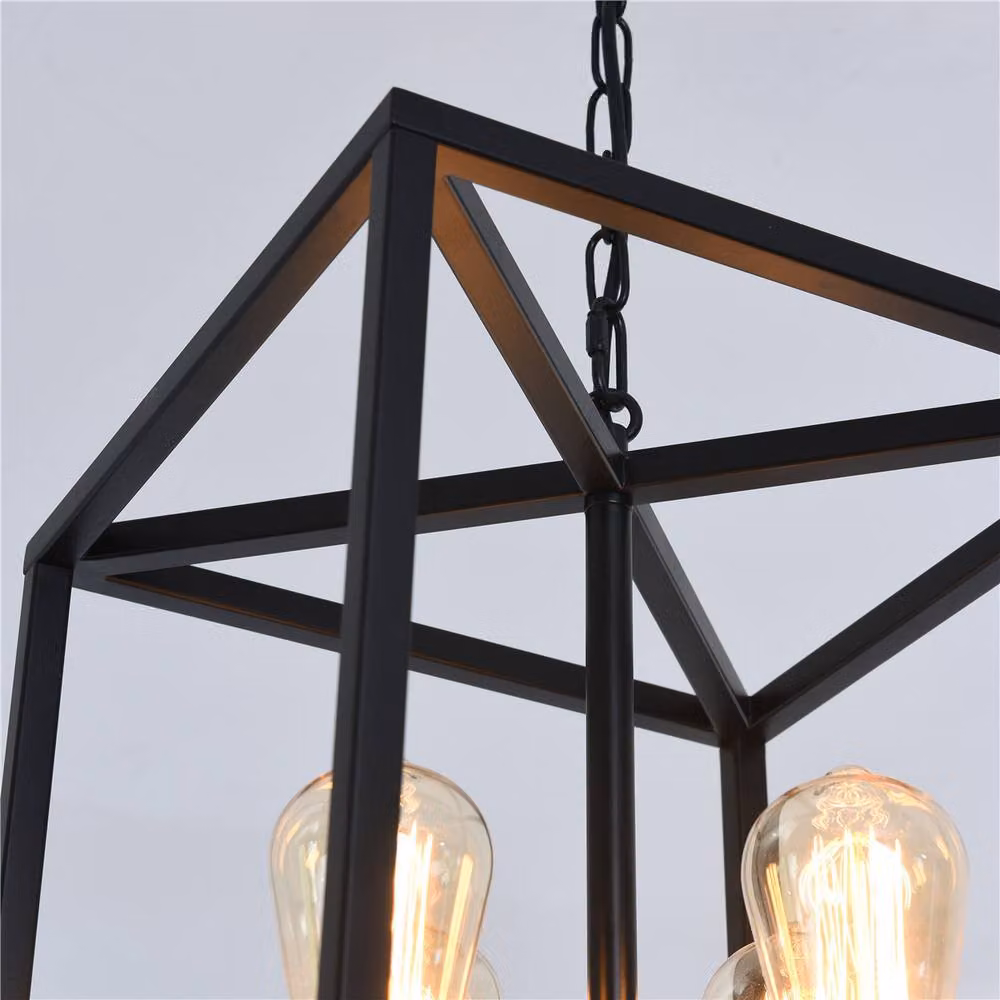 NIVOR 4-Light Industrial Metal Cage Lantern Pendant Light in Black – 4