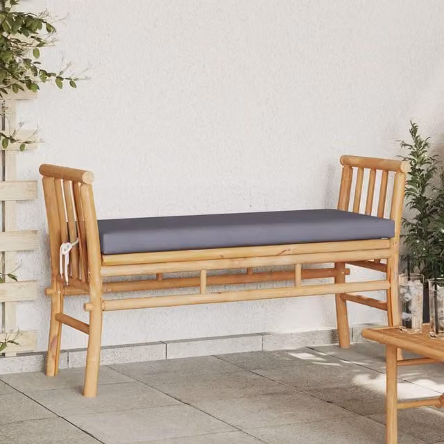 Berkfield Home Bamboo Garden Bench with Charcoal Cushion, Grey, Width: 110 cm