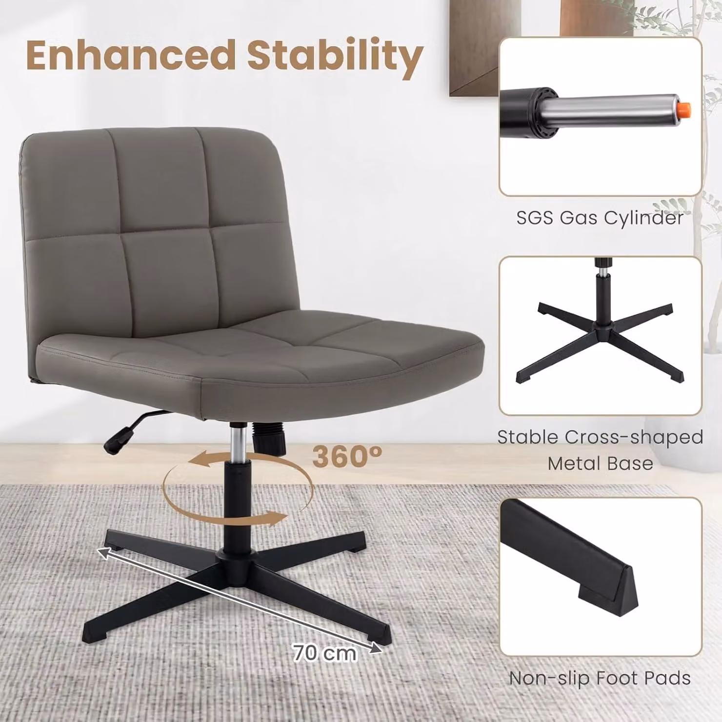 Gymax Grey Upholstered Swivel Office Chair with Adjustable Height and Synthetic Leather Finish – 4