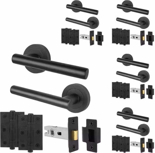 AFIT Black T-Bar Door Handles with Round Rose and Latch Hinges, 5 Pack