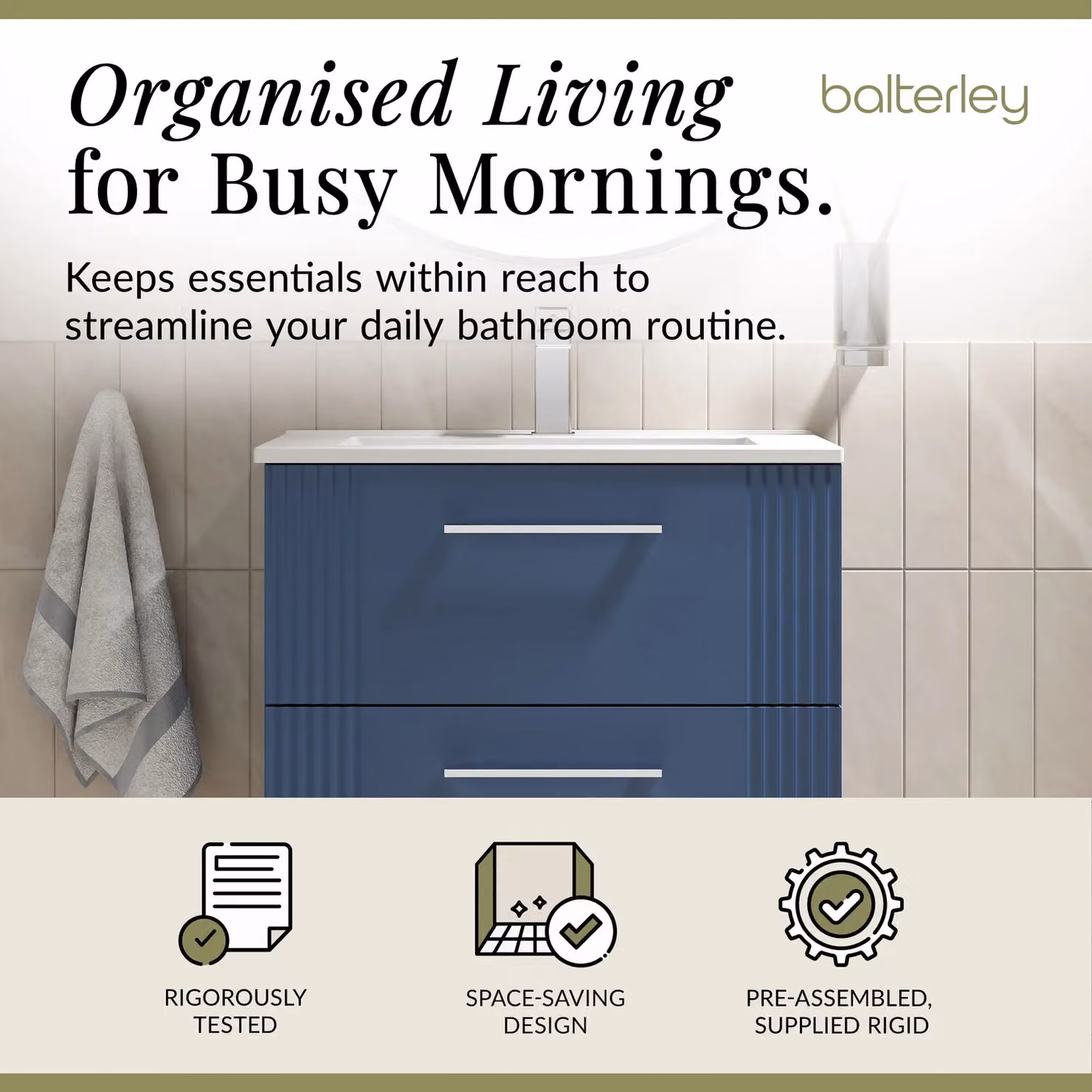 Balterley Wall Hung 2 Drawer Vanity Unit with Minimalist Basin, Satin Blue, Width: 60 cm – 2