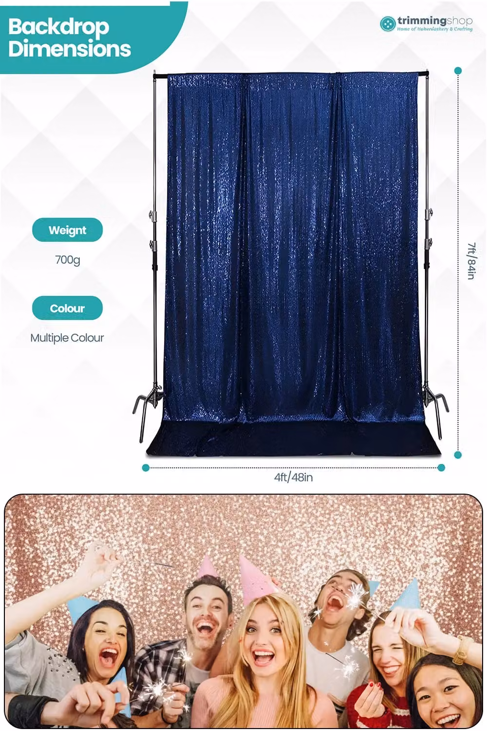 Neel Blue Shiny Sequin Backdrop Glitter Curtain in Navy, W: 121.92 cm, H: 213.36 cm – 2