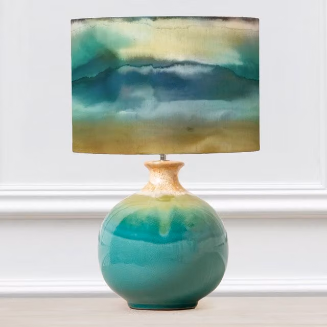 Voyage Maison Neso Tabletop Lamp with Fjord Eva Fabric Lampshade in Blue and Multicolour Ceramic