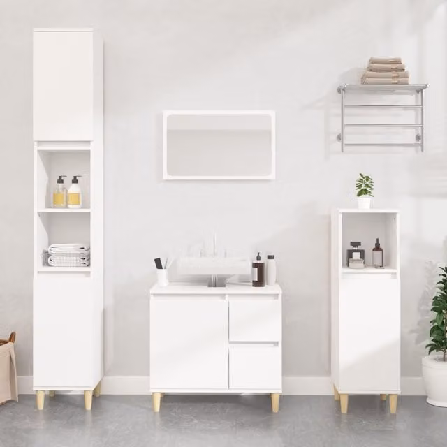 Berkfield Home 3 Piece Modern White Freestanding Bathroom Cabinet Set with Vanity Unit and Tall Cabinet