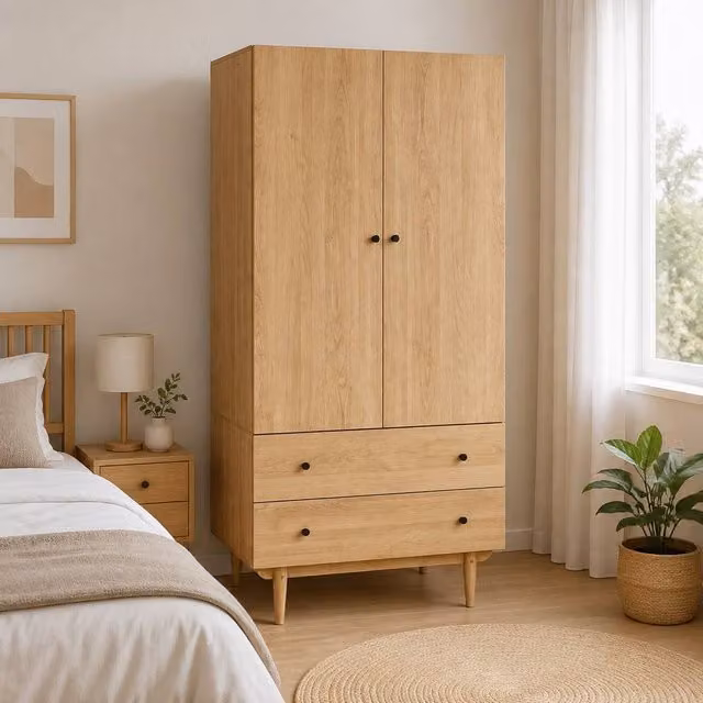 STILVORA Classic Wardrobe with 2 Hinged Doors and 2 Drawers in Natural Wood and Brown