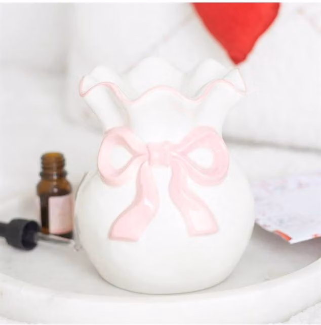 KDMD Pink Bow Ceramic Oil Burner and Tealight Diffuser in White and Pink