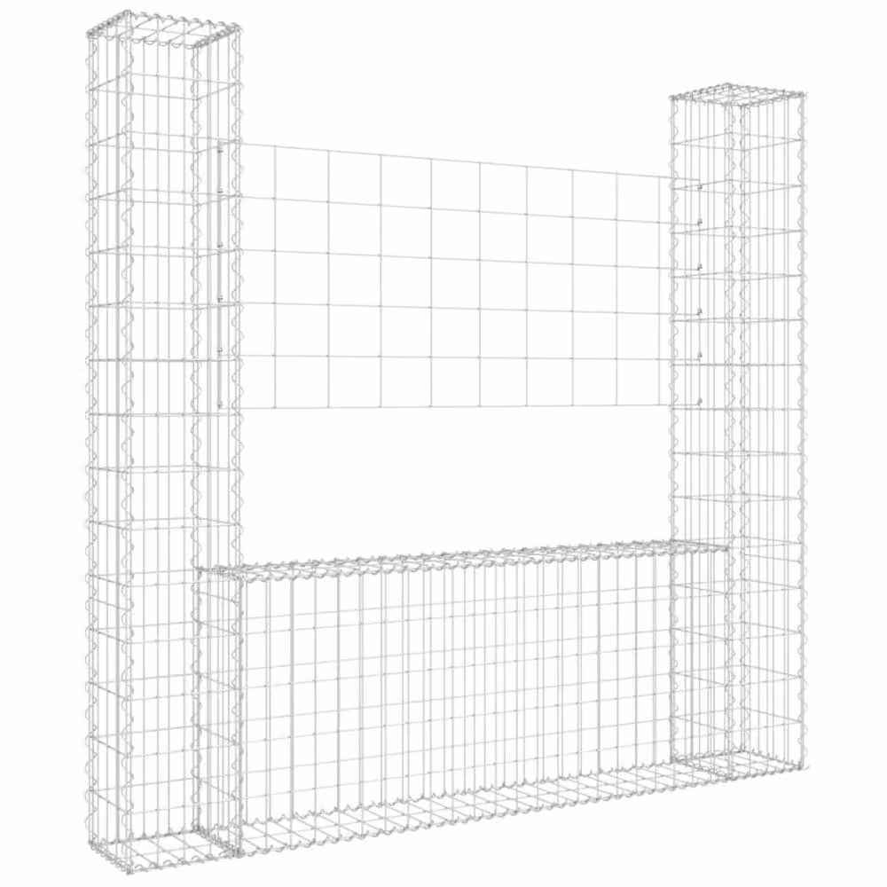 Berkfield Home U-shape Metal Gabion Basket with 2 Posts, Silver, W: 140 cm, D: 20 cm, H: 150 cm – 2