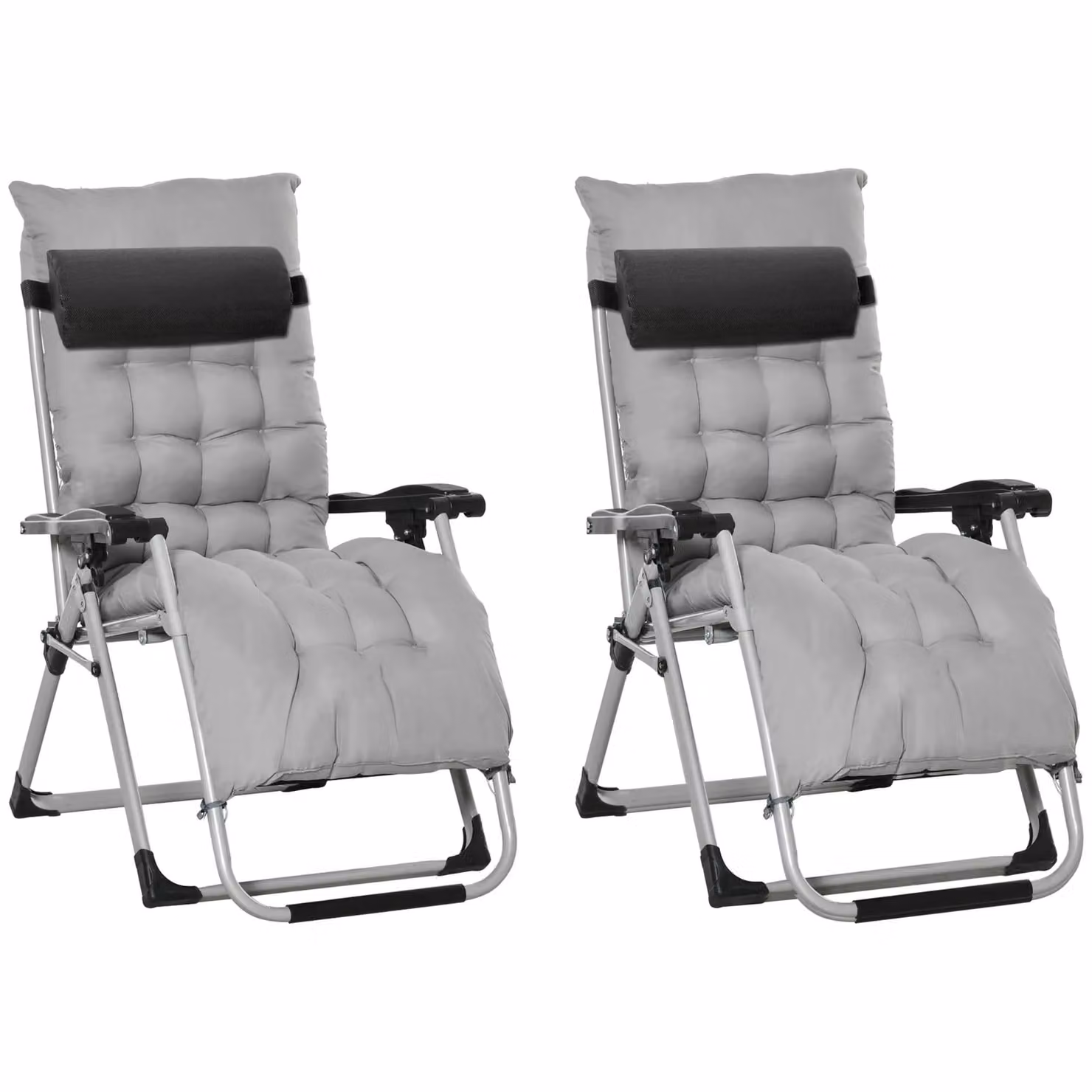 OUTSUNNY 2 Pack Reclining Zero Gravity Folding Lounger Chairs with Weatherproof Cushions in Light Grey – 1