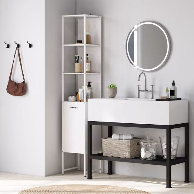 HOMCOM Tall White Bathroom Cabinet with 3 Open Shelves and Adjustable Shelf