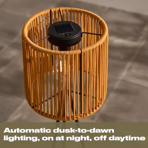 OHS Rattan Solar Floor Lamp in Natural Wood and Black with Dusk Sensor for Garden, Balcony and Terrace – 4
