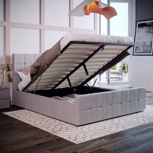 Vida Designs Valentina King Ottoman Bed Frame in Light Grey Velvet, H 105 x W 158 x D 212 cm