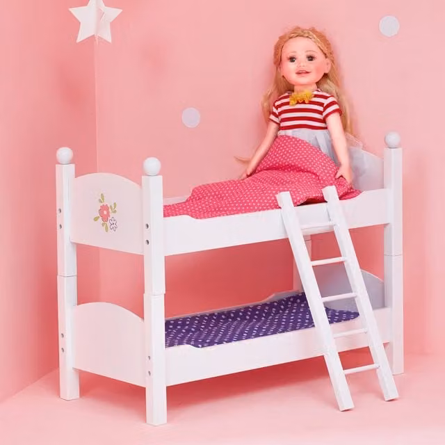 Teamson Kids Wooden Doll Bunk Bed for 18 inch Dolls in White, Pink and Purple