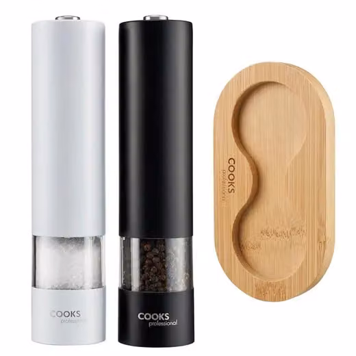 Cooks Professional Automatic Electric Salt and Pepper Mill Set with Stainless Steel and Bamboo Base in Brown and Multicolour – 2