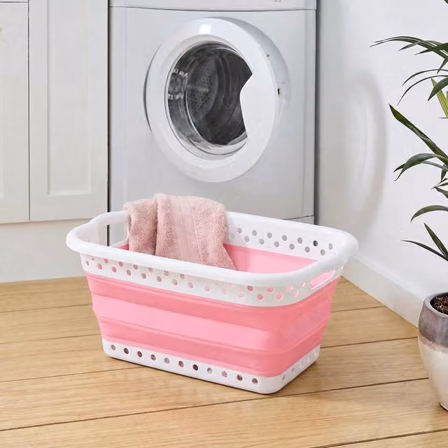 OHS Collapsible Plastic Laundry Basket in Pink