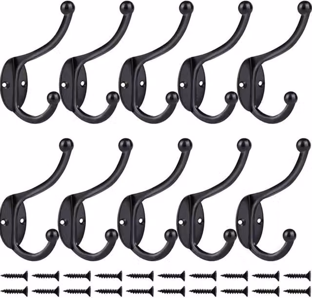 KDMD 10 Pack Black Zinc Alloy Double Wall Mounted Hat and Coat Hooks