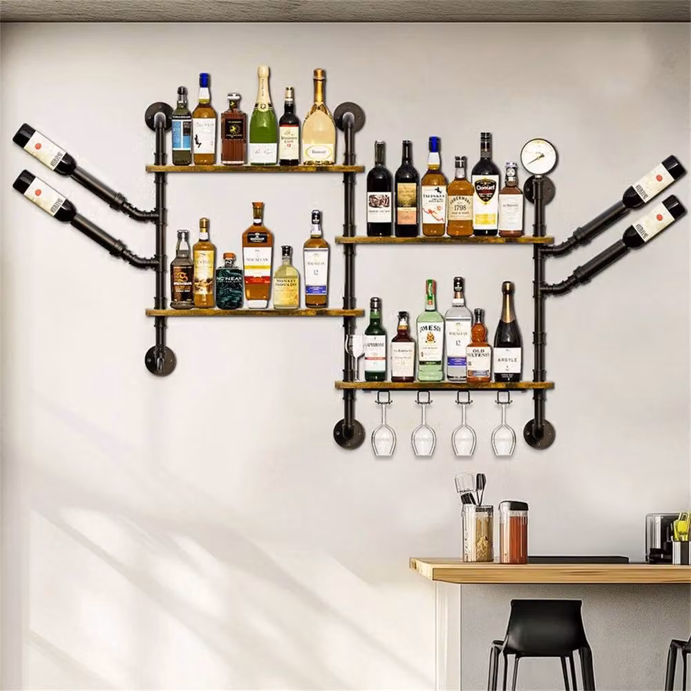 NESTLUNE Industrial Pipe Wall Mounted Wine Rack and Liquor Bottle Display in Brown, W: 100 cm, D: 15 cm – 3