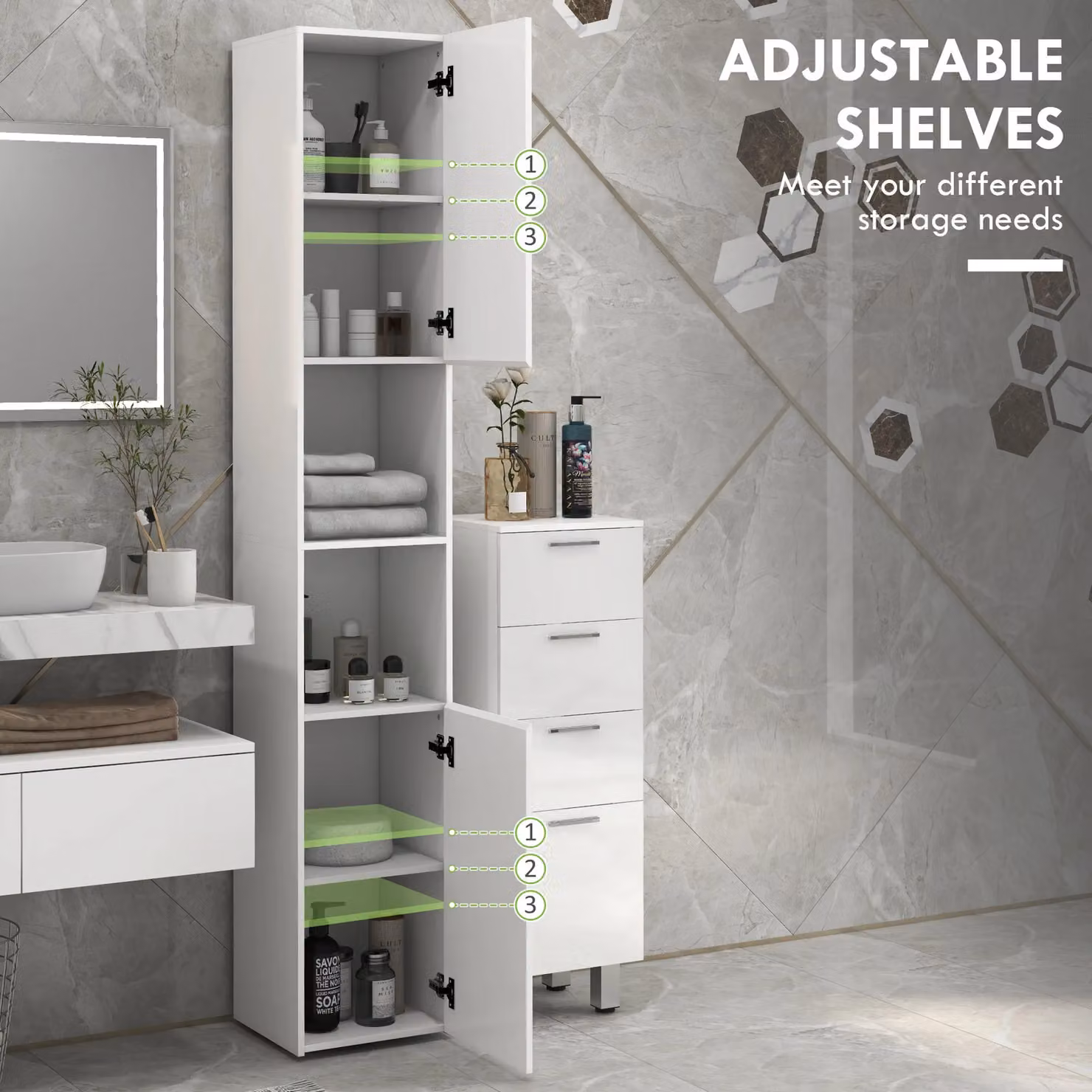 HOMCOM Modern White Glossy Freestanding Bathroom Storage Cabinet with Internal Shelves and Hinged Doors – 3