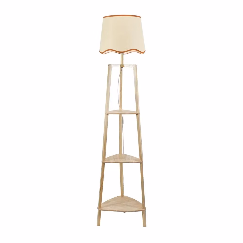 ValueLights Hiru Natural 3 Tier Wooden Shelf Floor Lamp with Scallop Edge Shade in Burnt Orange – 2