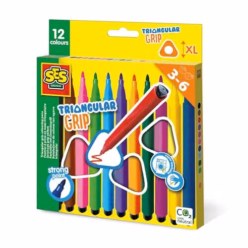 SES Creative Triangular Grip Colouring Pens, 12 Washable Colours, Multicolour