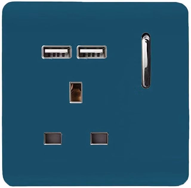 Trendi 1 Gang 13 Amp Switched Plug Socket with 2x2.1mA USB Ports in Petrol Blue