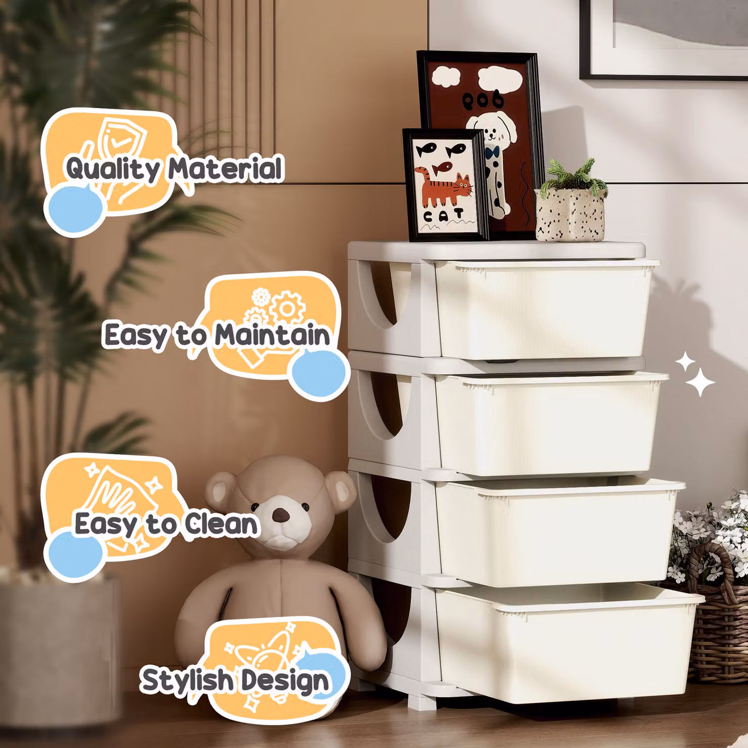HOMCOM Four-Tier Kids Storage Unit with Four Drawers, White – 4